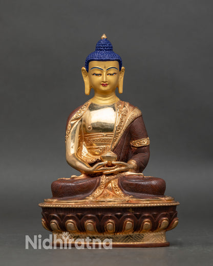 Front view handmade Amitabha Buddha statue gold copper meditation altar decor Nepal