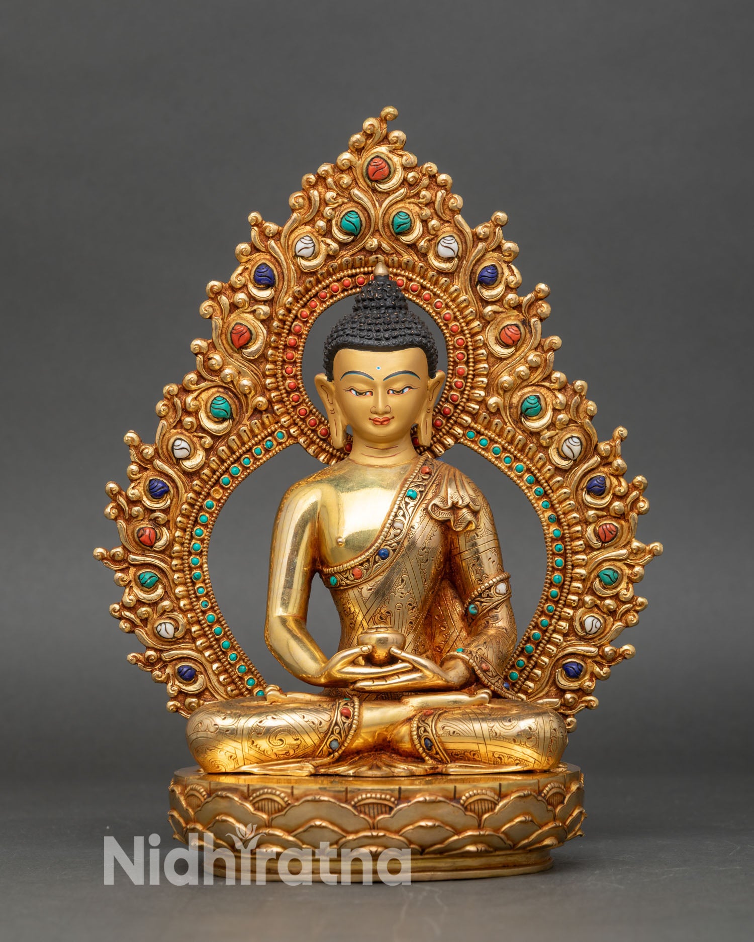 Front view handmade Amitabha Buddha statue gold gilded copper lotus pedestal
