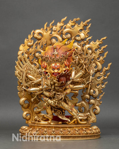 Front view of hayagriva statue handcrafted in copper with gold gilding as a wrathful deity