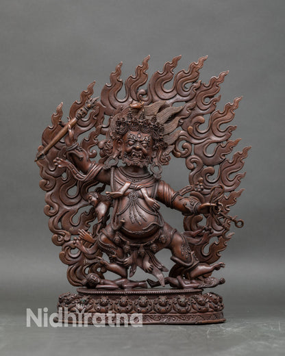 Front view Hayagriva statue oxidized copper wrathful deity lotus seat Himalayan sculpture