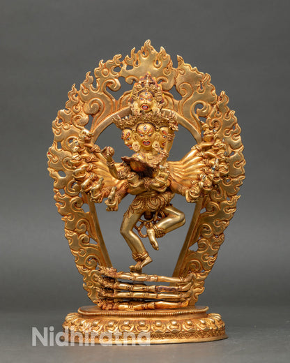 Front view of Hevajra statue handcrafted copper sculpture from Patan, Nepal, lost wax technique, Buddhist deity in union with consort for altar and meditation