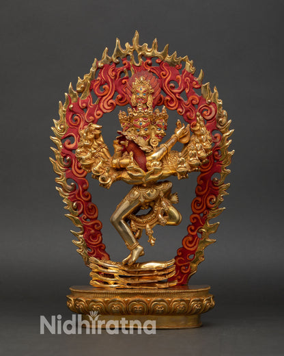 Front view Hevajra statue Patan Nepal copper gold painted face sixteen arms eight faces, lotus seat tantric Buddhist art