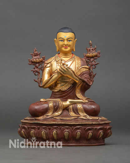 Front view Je Tsongkhapa statue gold painted face copper handmade Nepal