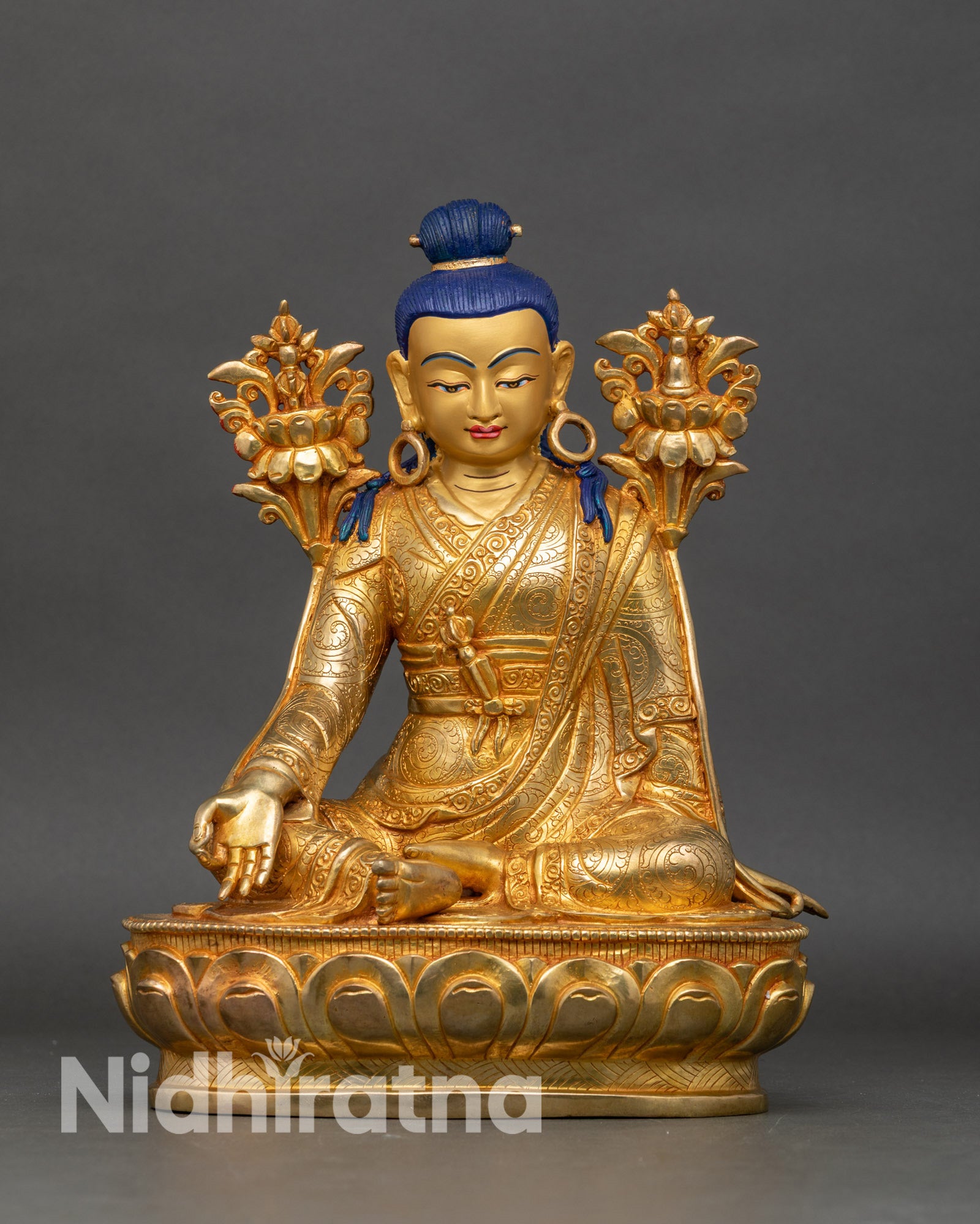 Front view of Jigme Lingpa statue, handcrafted copper and 24K gold fire-gilded