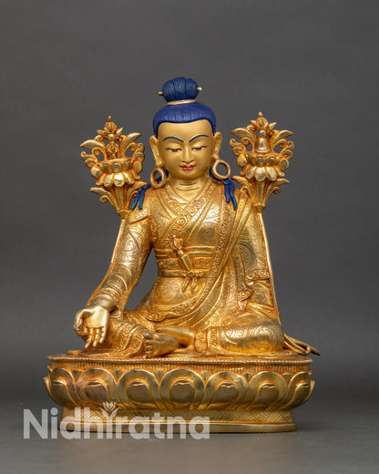 Front view of Jigme Lingpa statue, handcrafted copper and 24K gold fire-gilded