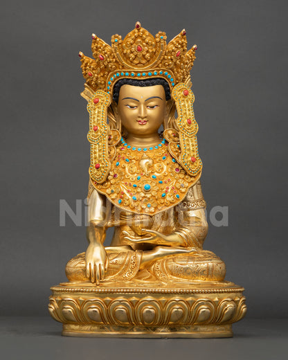 Front view of Jowo Rinpoche Buddha statue, handcrafted in Nepal with 24K gold copper, lost wax casting and  lotus pedestal