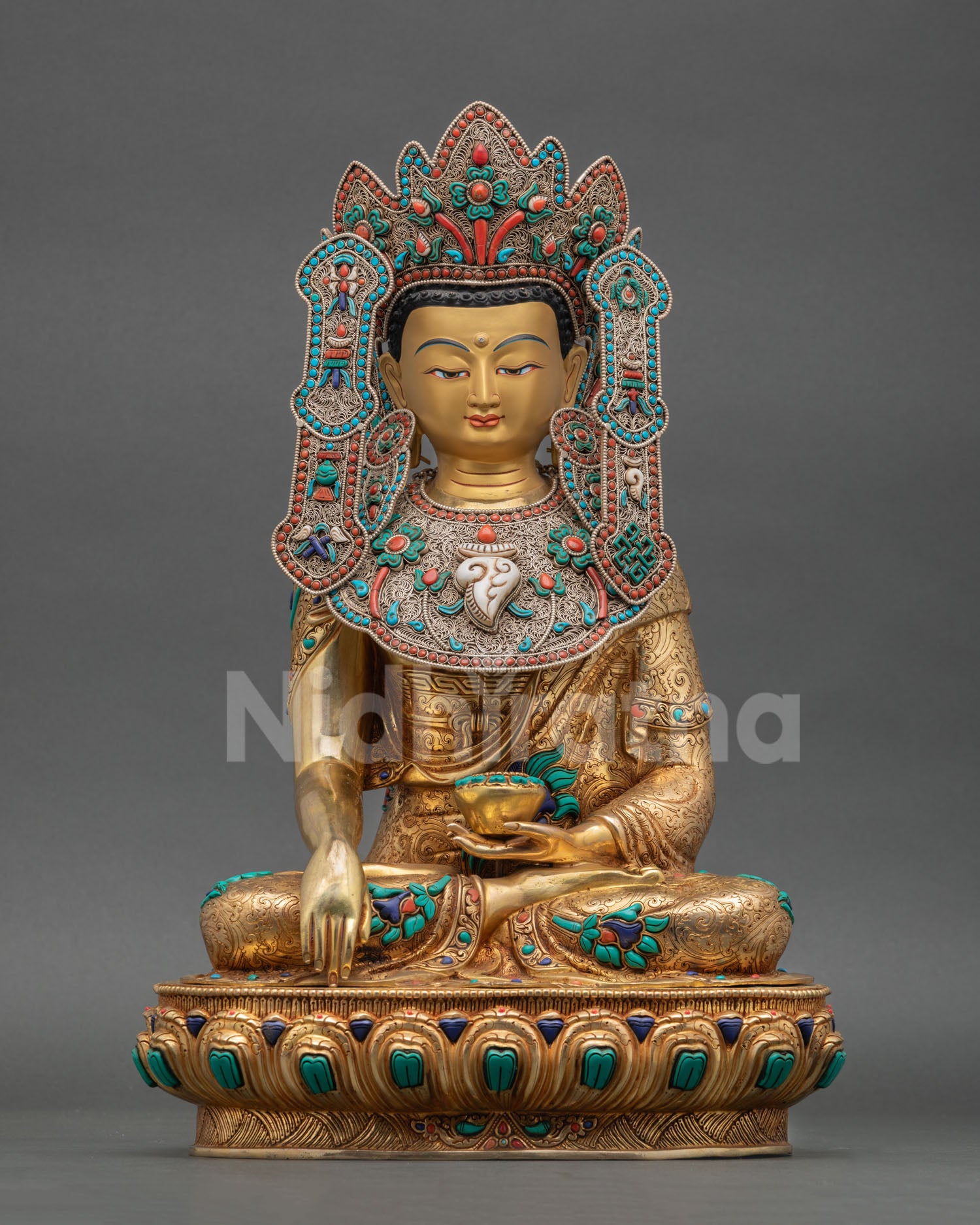Front view of Jowo Rinpoche Shakyamuni statue copper sculpture 24K gold fire gilded face Five Buddha Crown double lotus pedestal Tibetan sacred art