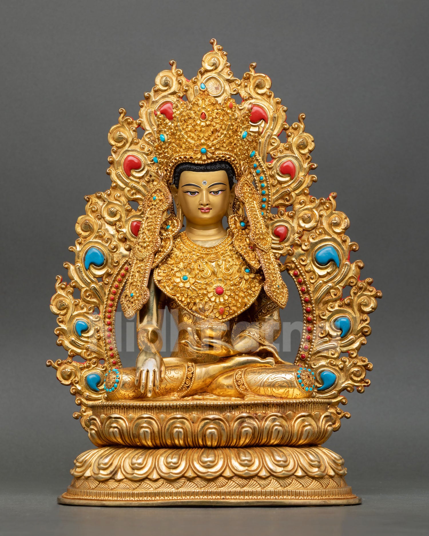 Front view of Jowo Rinpoche statue with 24K gold fire gilding copper Buddhist sculpture from Nepal seated on lotus throne with Five Buddha crown