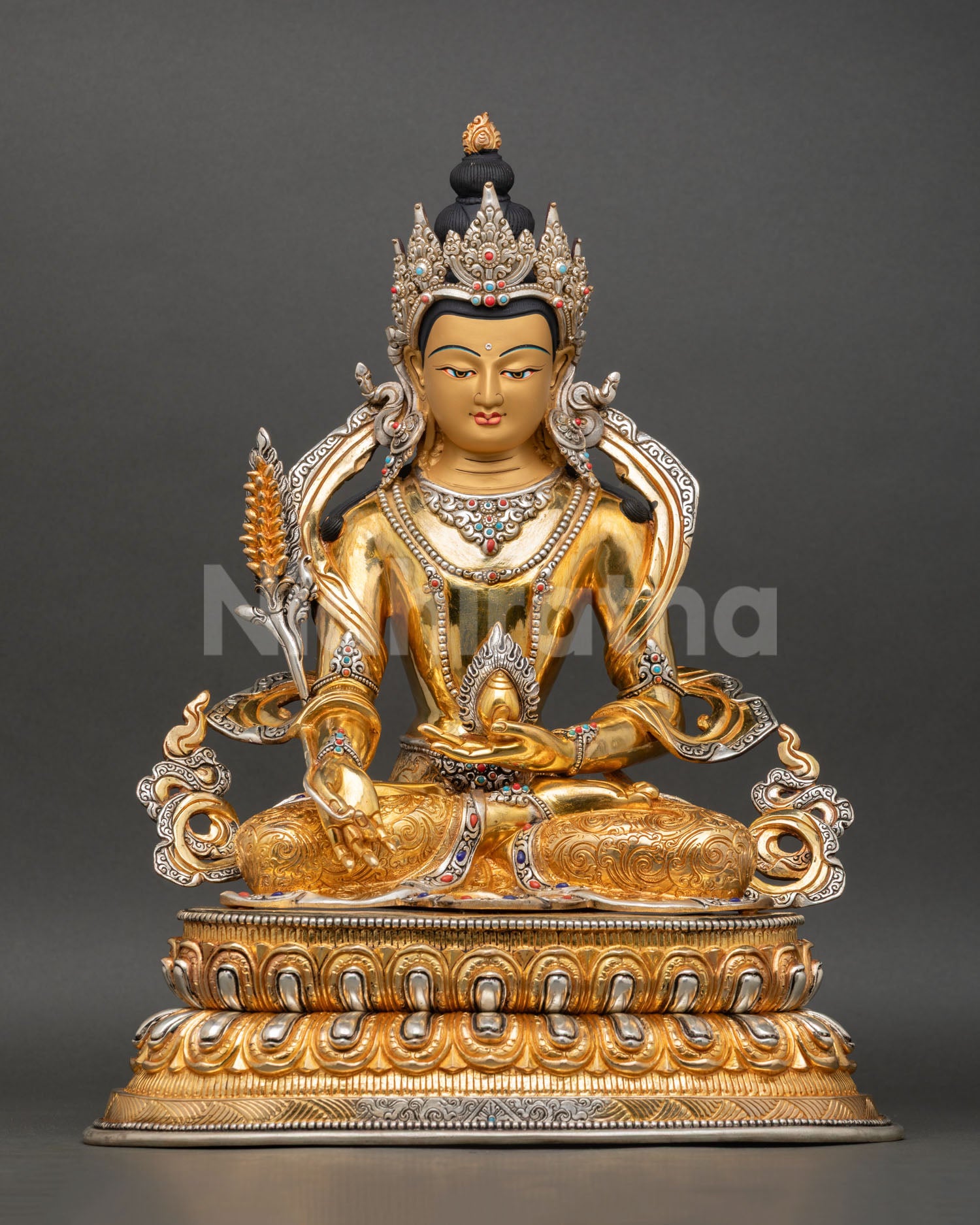 Front view of Kshitigarbha Lord Jizo statue copper sculpture gold gilded silver plated detailing semi precious stones lotus throne Himalayan Buddhist bodhisattva art