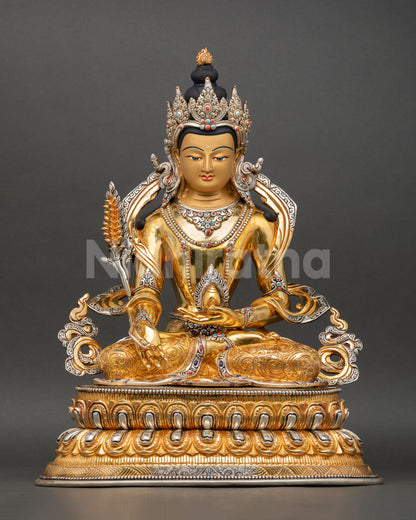 Front view of Kshitigarbha Lord Jizo statue copper sculpture gold gilded silver plated detailing semi precious stones lotus throne Himalayan Buddhist bodhisattva art