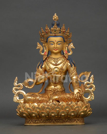 Front view of Kshitigarbha statue handcrafted in copper with 24k gold gilding, holding cintamani jewel for Buddhist altar and meditation decor.
