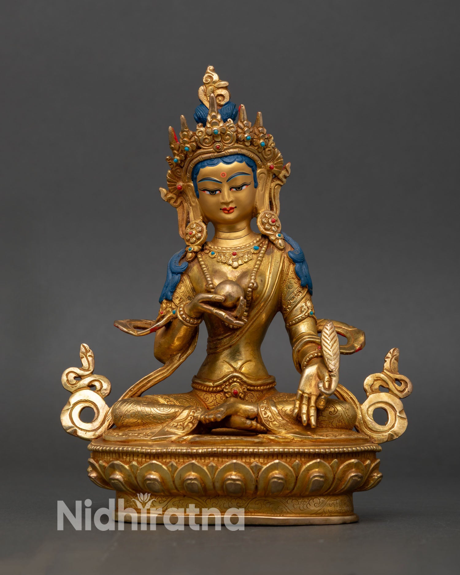 front view of kshitigarbha statue lotus throne copper 24k gold gilded patan nepal
