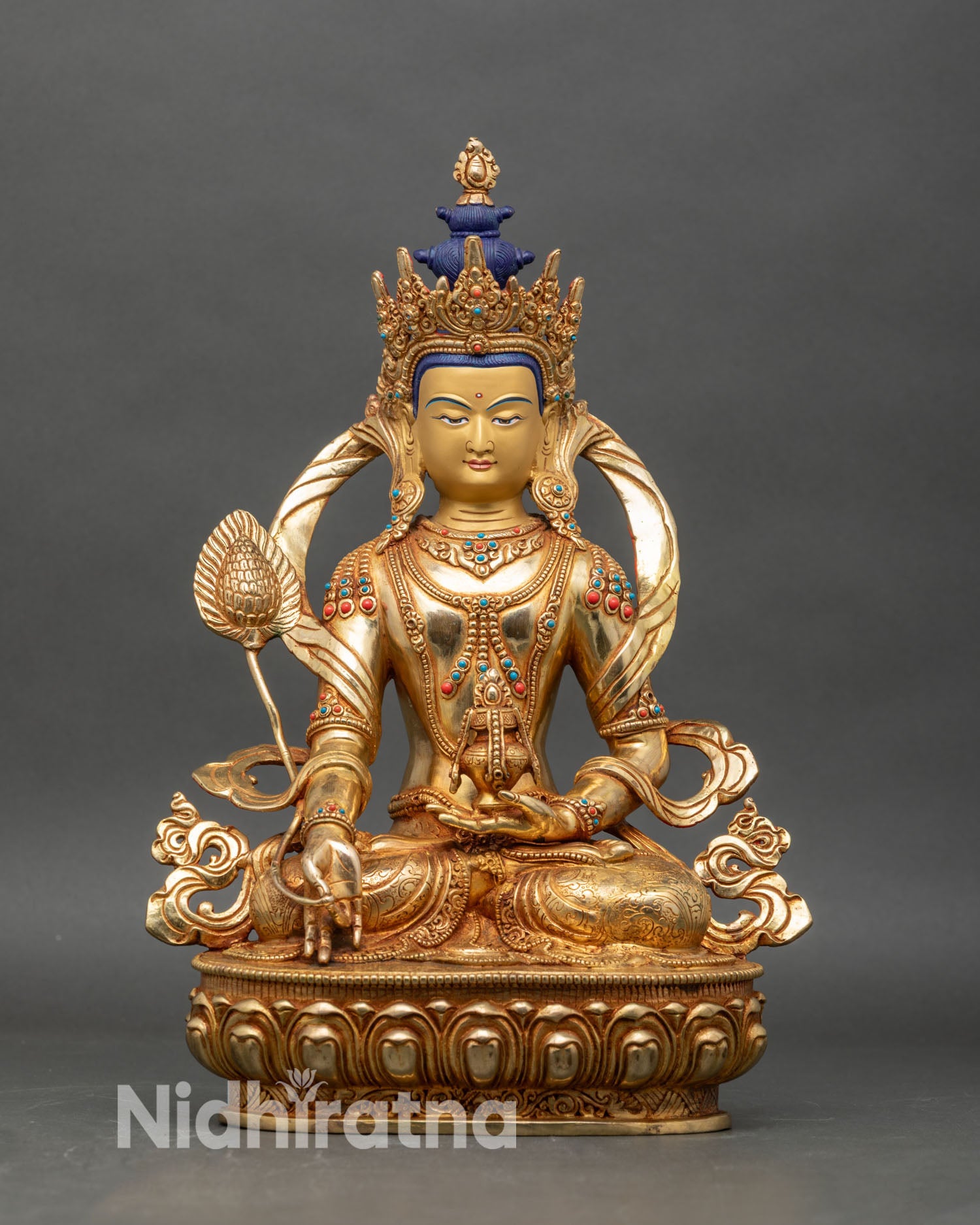 Front view of Kshitigarbha statue with gold gilding and lotus throne for meditation decor