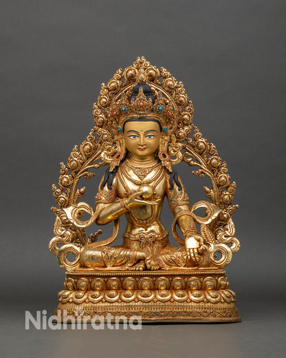 front view ksitigarbha statue handcrafted copper and gold gilded from nepal