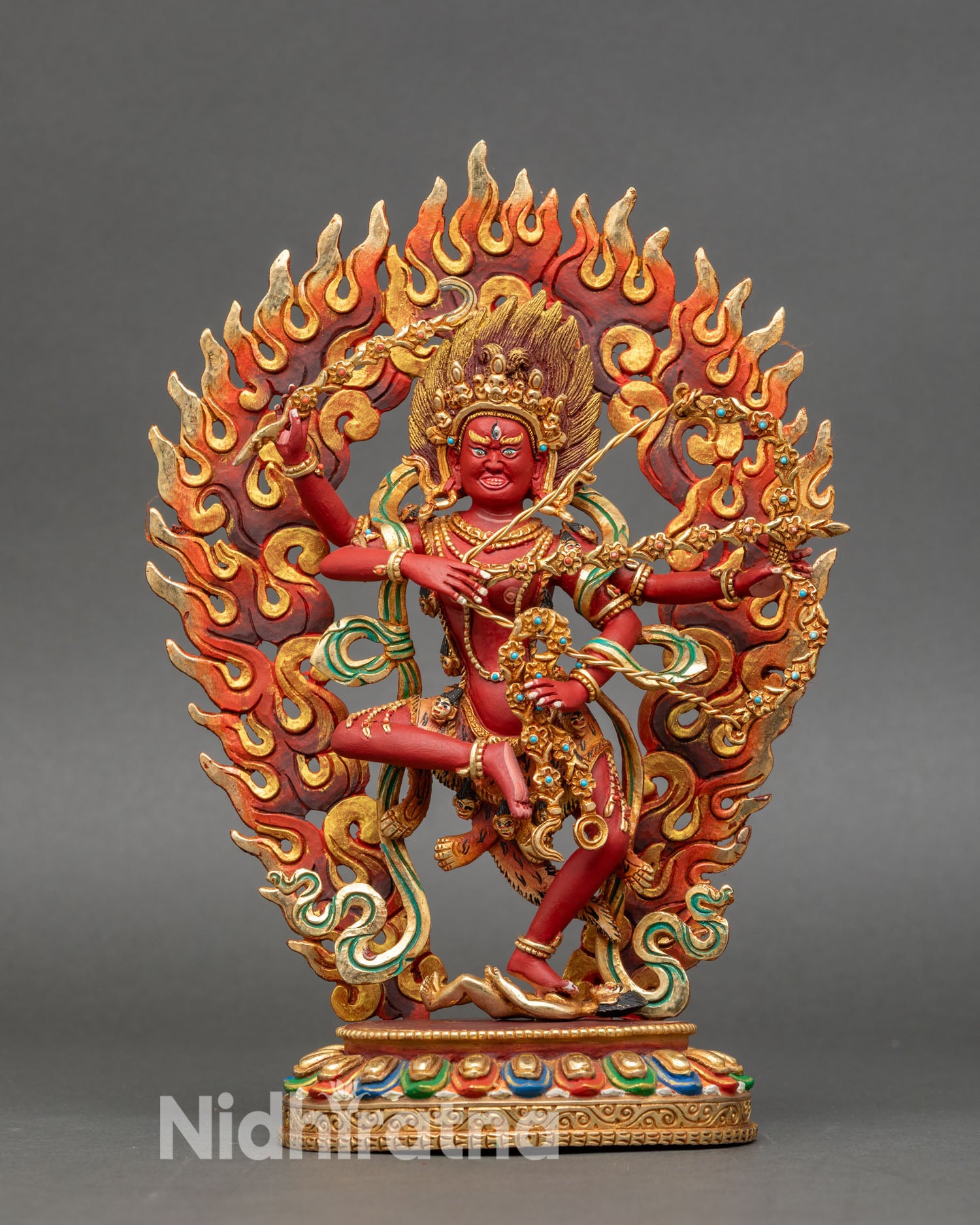 Front view of kurukulla buddhist dakini statue gold gilded copper nepalese craftsmanship