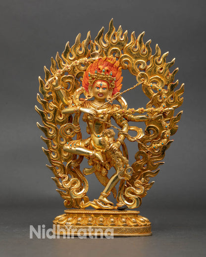 Front view of Kurukulla statue gold gilded copper lotus throne Nepalese art