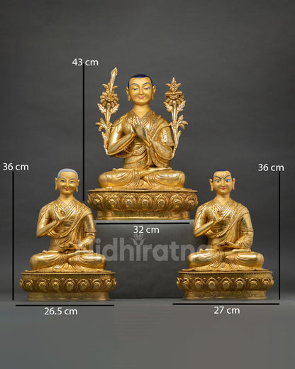 Front view of Lama Tsongkhapa Statue Set Handmade Newari Artist Patan Nepal Copper 24K Gold