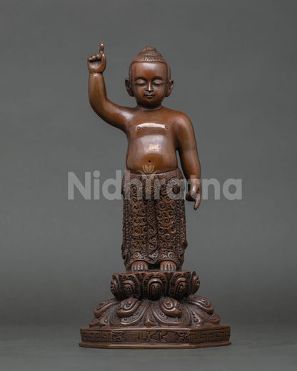 Front view of Little Buddha statue Nepal handcrafted copper sculpture, oxidized finish, lotus throne standing posture meditation altar decor