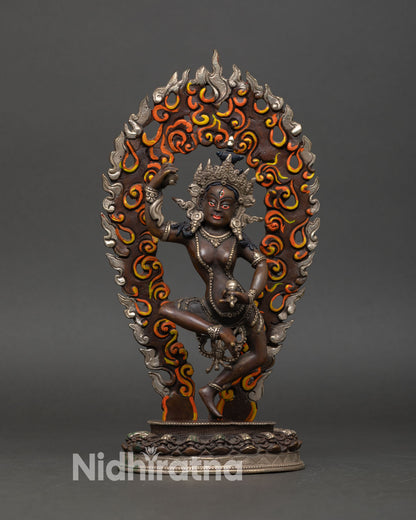 Front view of Machig Labdron statue copper oxidized silver plated Himalayan Tibetan sculpture