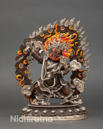 Front view Mahakala Bernagchena statue, Vajrayana protector oxidized copper silver plated