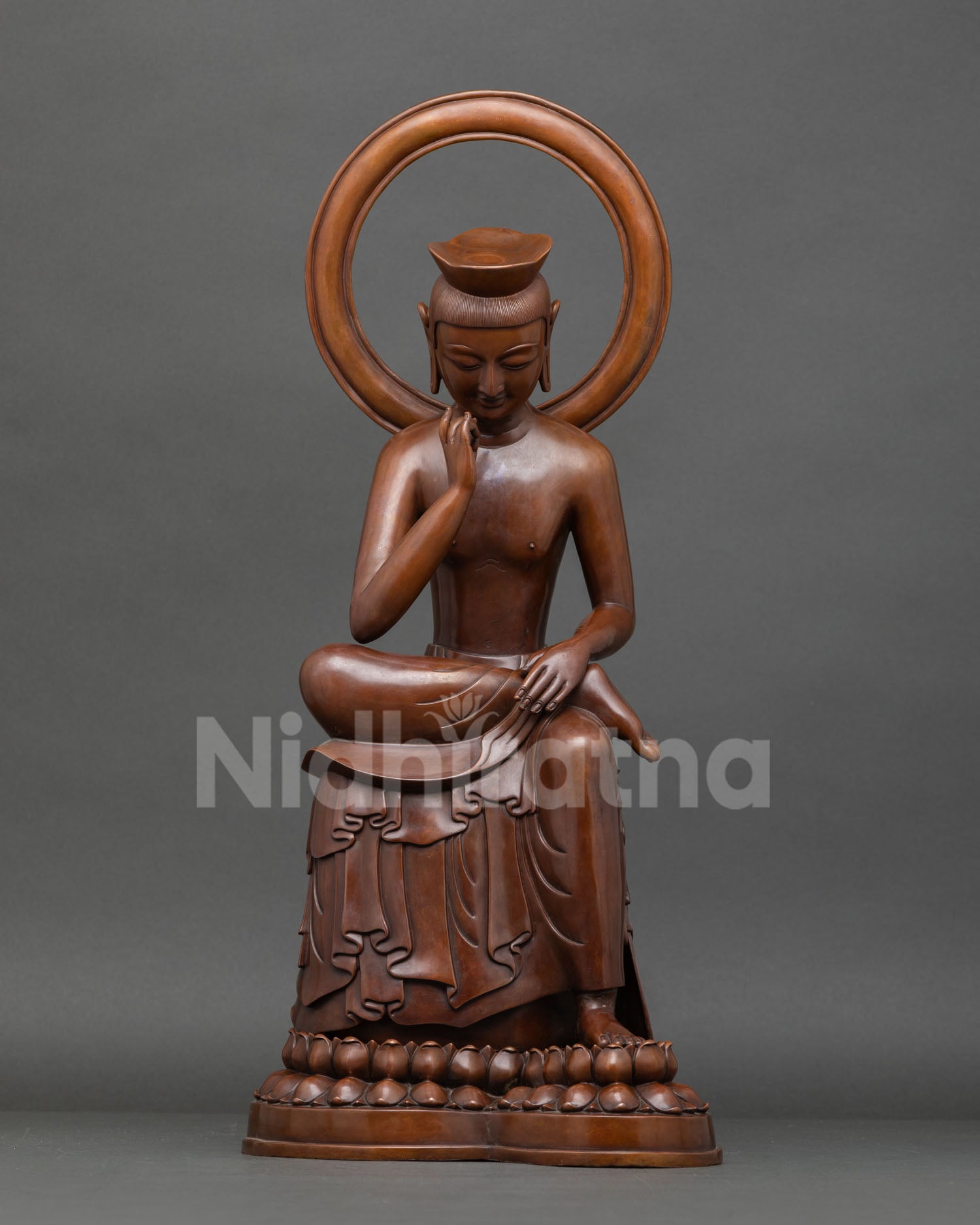 Front View of Maitreya Buddha Statue in oxidized copper, handcrafted using lost wax technique, Himalayan Buddhist art of the Future Buddha