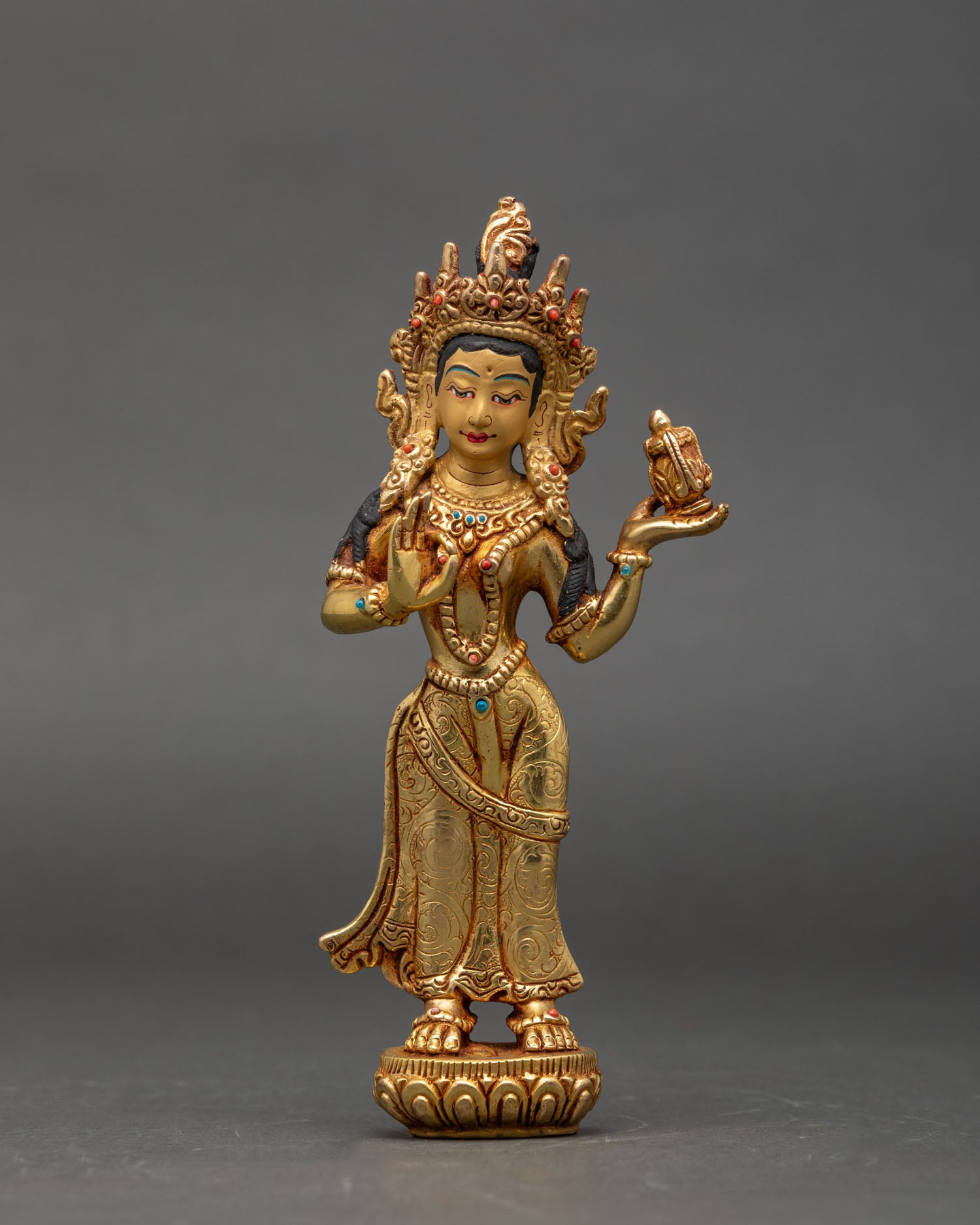 front-view-mandarava-statue-copper-gold-fire-gilded-lotus-pedestal