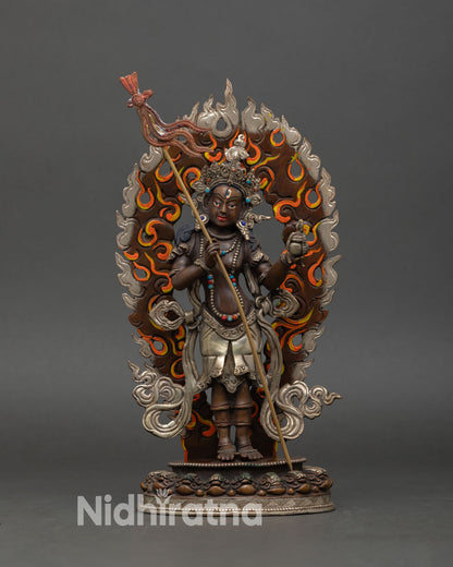 Front view of Mandarava statue, sacred dakini of Padmasambhava, copper oxidized silver plated Nepal sculpture for Buddhist altar and meditation