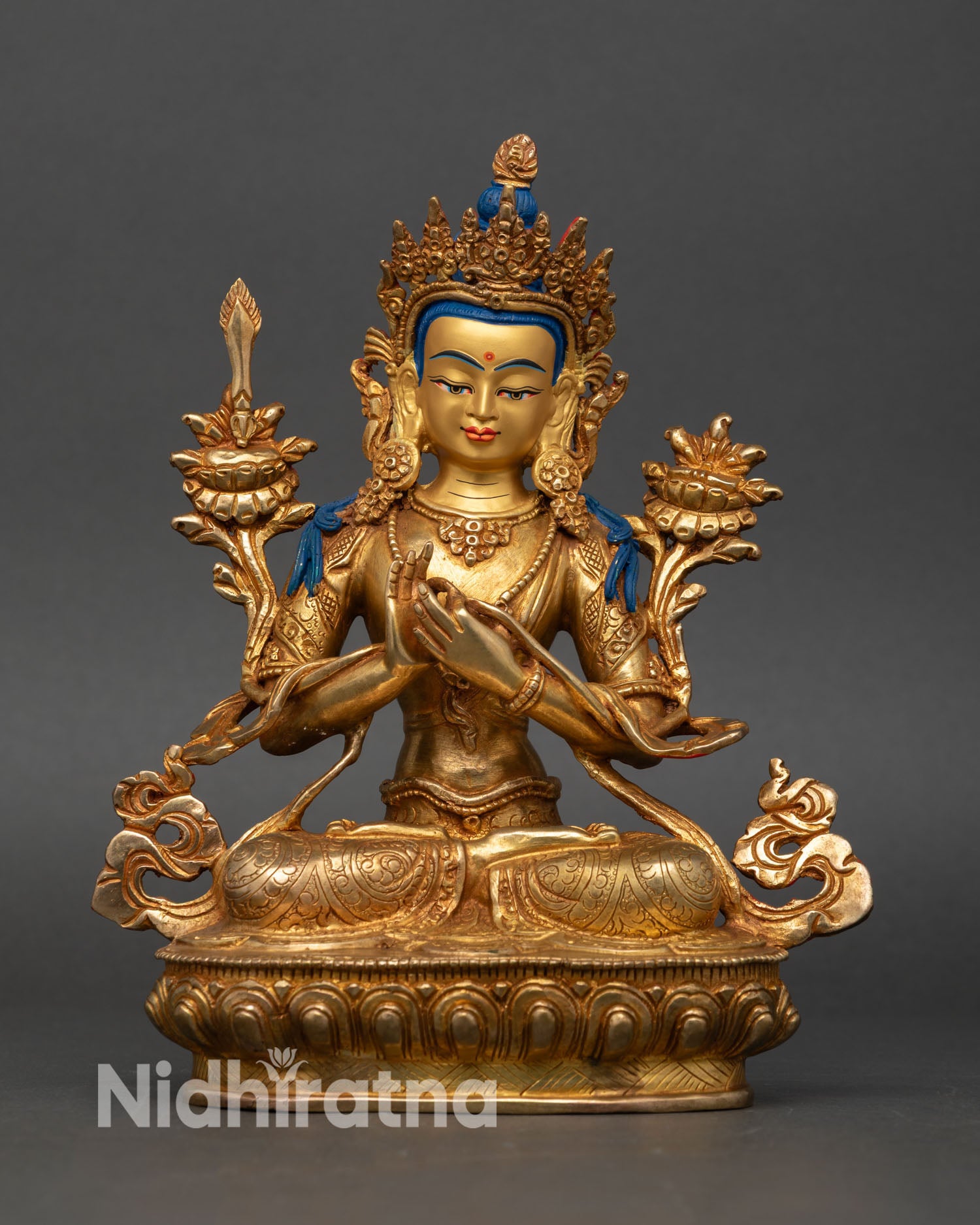 Front view of Manjushree Statue, copper, gold-painted face, lotus throne, wisdom bodhisattva, Nepal
