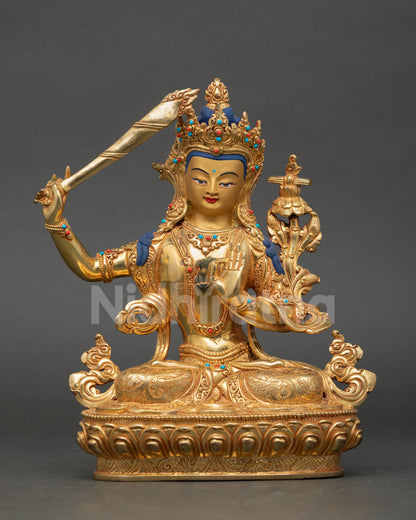 Front View of Manjushree Statue, handcrafted in copper with gold gilding lost wax casting Nepal, Bodhisattva of Wisdom 