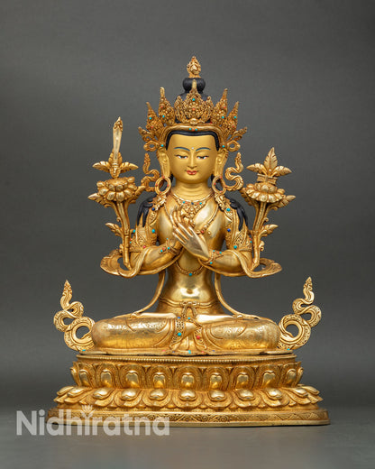 Front view of Manjushree statue Nepal copper gold gilded gold painted face semi precious stones Dharmachakra mudra lotus throne Buddhist art