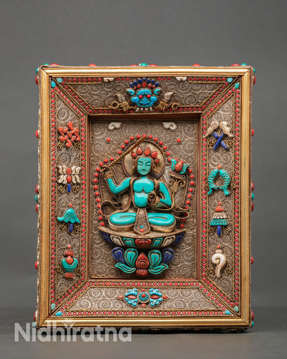 Front view of Manjushree wall hanging, copper wisdom deity art, handcrafted in Nepal