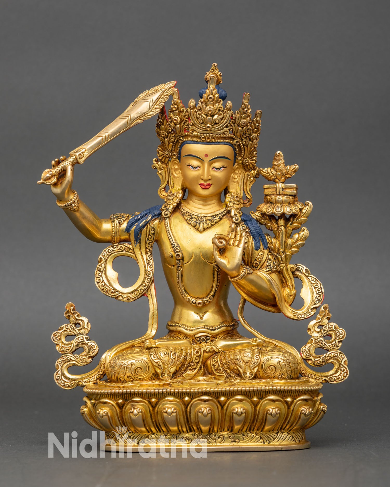 Front view Manjushri statue copper 24K gold gilded gold painted face