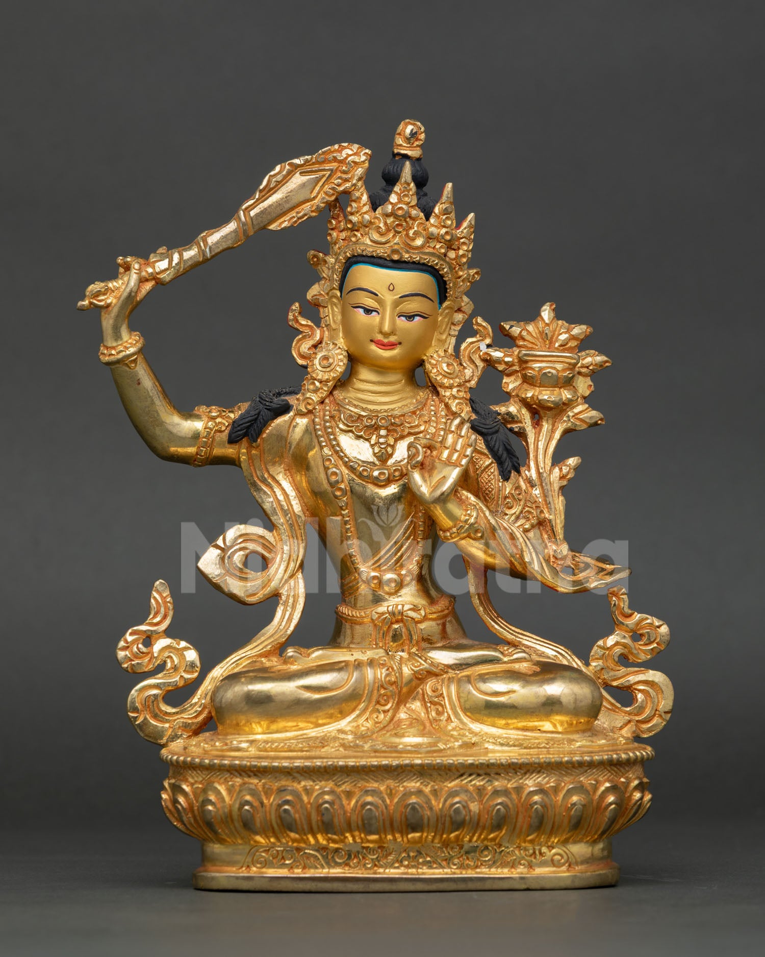 Front View of Manjushri Statue, Gold Gilded Bodhisattva of Wisdom, Flaming Sword, Prajnaparamita Sutra