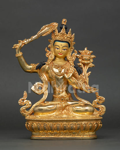 Front View of Manjushri Statue, Gold Gilded Bodhisattva of Wisdom, Flaming Sword, Prajnaparamita Sutra