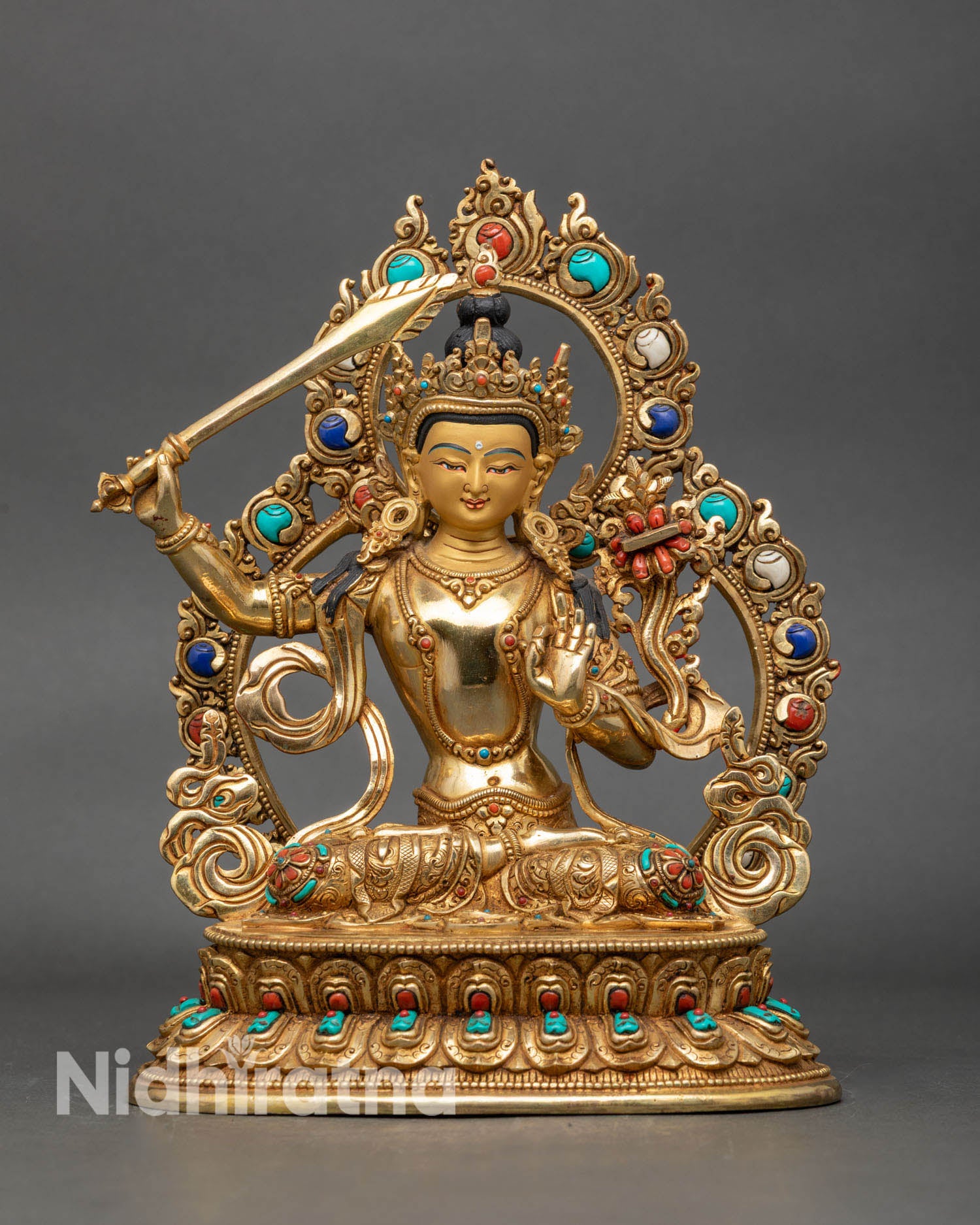 Front view Manjushri statue copper gold semi-precious stones lotus pedestal