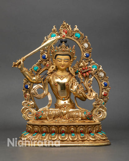 Front view Manjushri statue copper gold semi-precious stones lotus pedestal