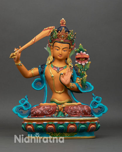 Front view Manjushri statue copper lost-wax handcrafted Himalayan Buddhist wisdom deity hand-painted acrylic colors
