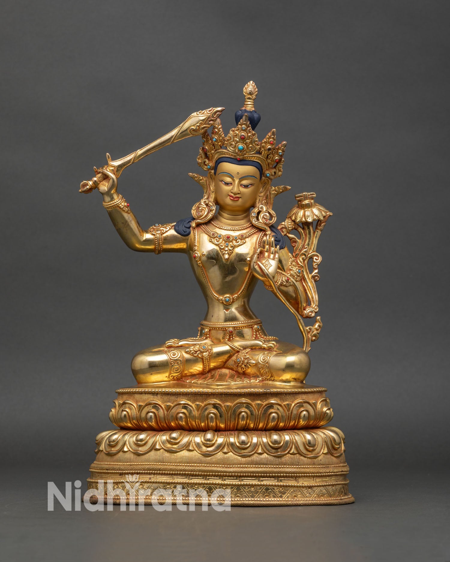 Front View Manjushri Statue Radiating Wisdom Gold Gilding Lotus Pedestal Five Jewel Crown