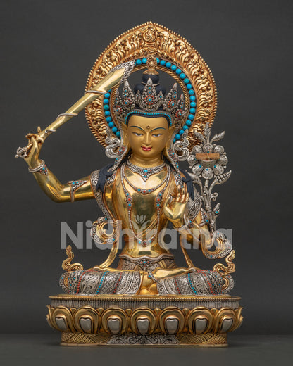 Manjushri Statue handcrafted in Nepal with 24K gold gilding silver plating and turquoise inlay