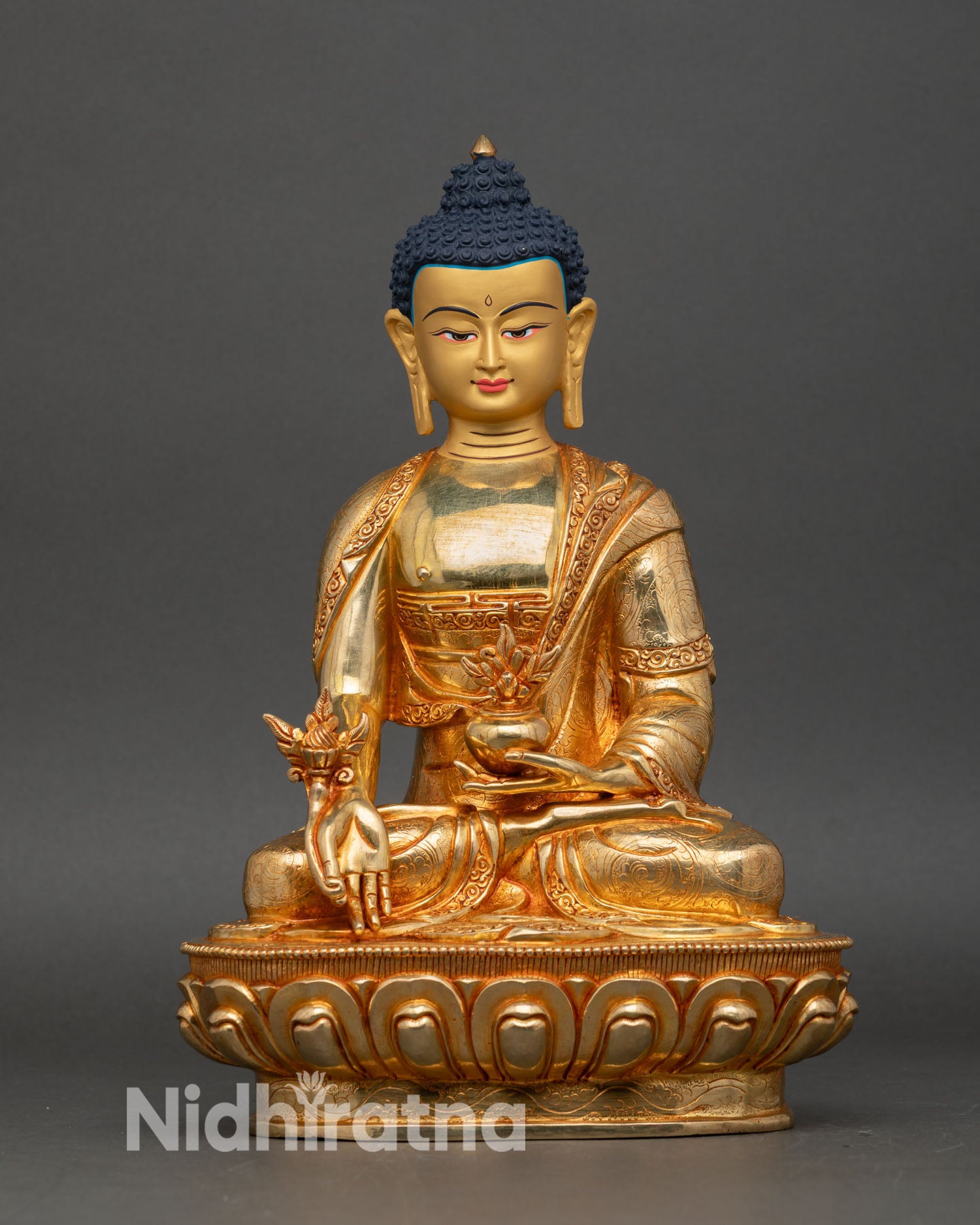 Front view of Medicine Buddha statue copper 24K gold lotus pedestal Nepali artisan