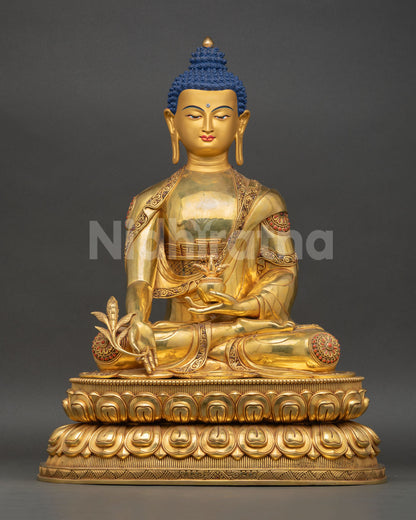 Front view of Medicine Buddha statue copper sculpture 24K gold fire gilded Nepalese Newari artisan healing Buddha lotus posture sacred Himalayan altar art