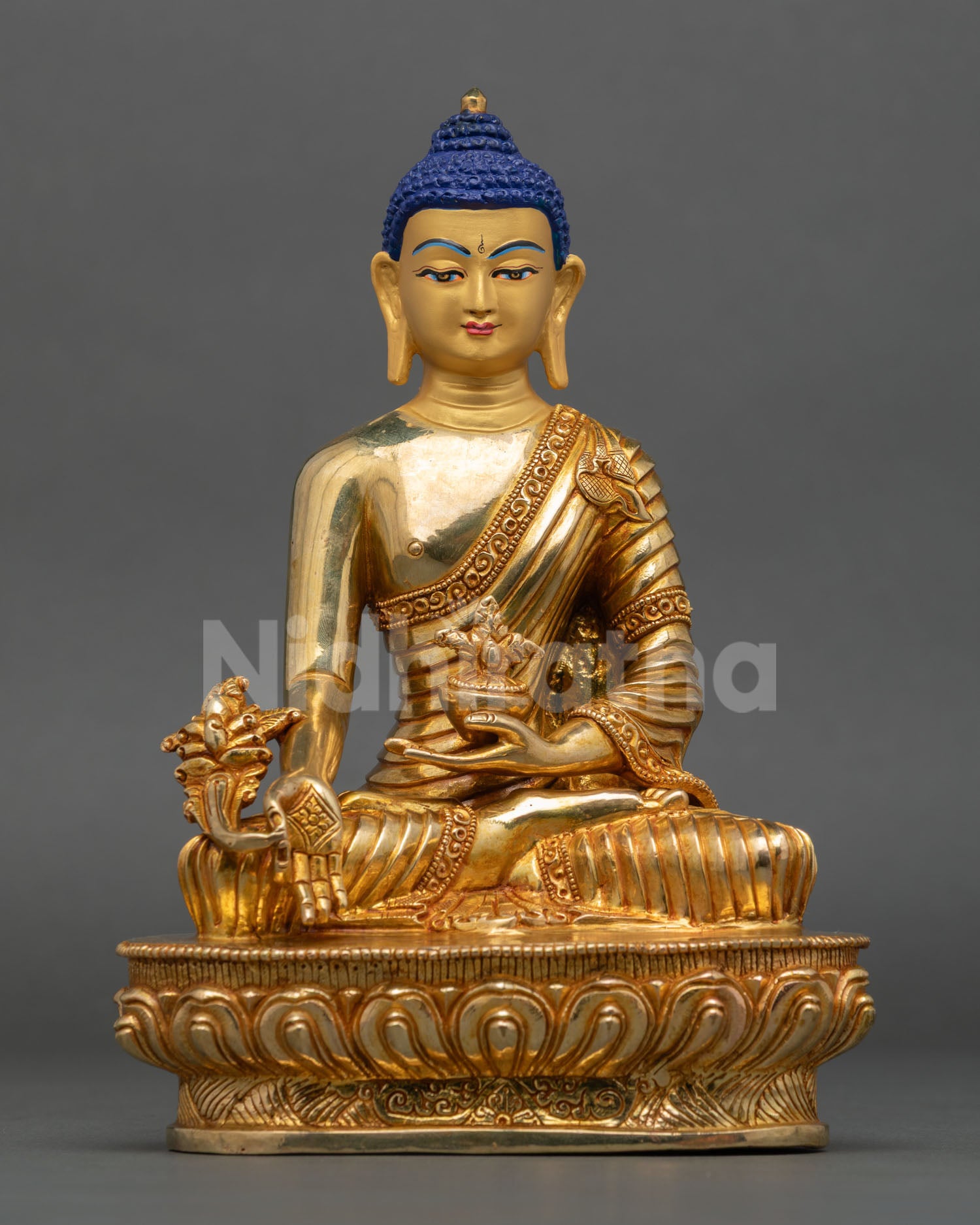 front view medicine buddha statue nepal bhaisajyaguru copper gold fire gilded buddhist healing sculpture