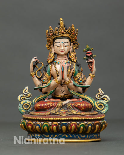 front view mini chenrezig copper statue bodhisattva of mercy with four arms and sacred gem details