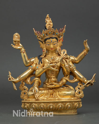 Front view of Namgyalma, handcrafted in Nepal, copper sculpture with gold fire gilding 
