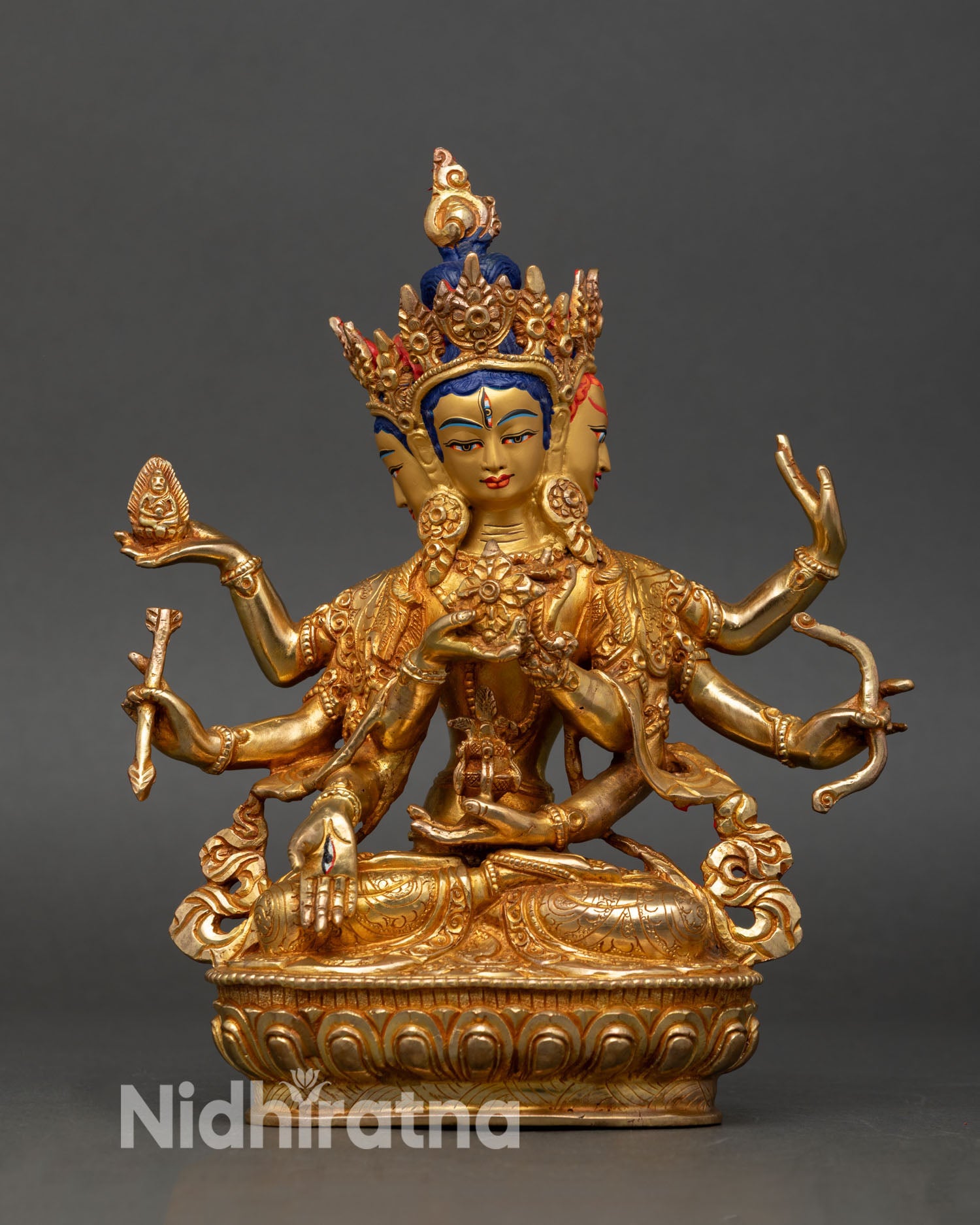Front view of Namgyalma Statue, Nepal gold fire gilded copper buddhist goddess longevity three faced dakini