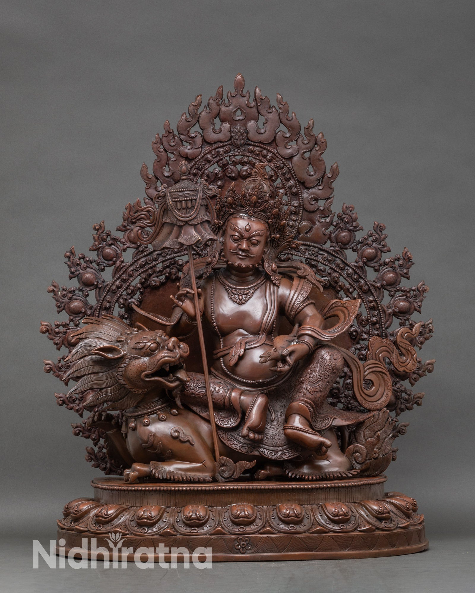 Front view of Namtoshe statue copper oxidized large Himalayan Buddhist deity
