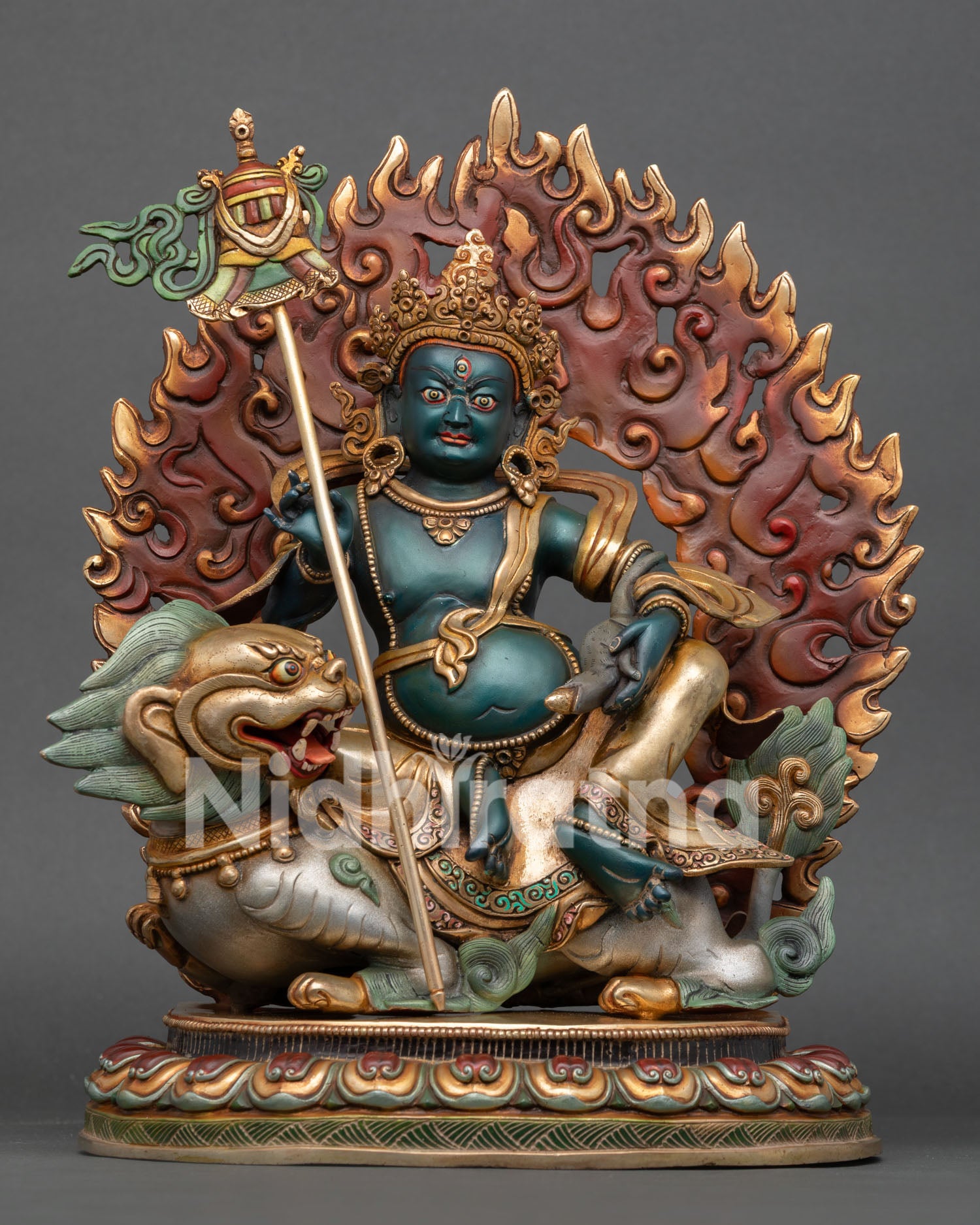 Front view of Namtoshe statue with copper craftsmanship hand painted detailing and snow lion throne Nepal
