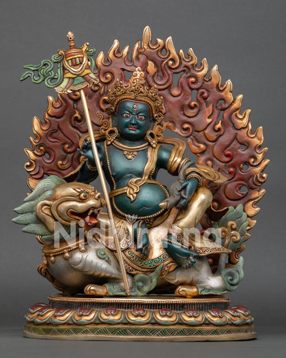 Front view of Namtoshe statue with copper craftsmanship hand painted detailing and snow lion throne Nepal