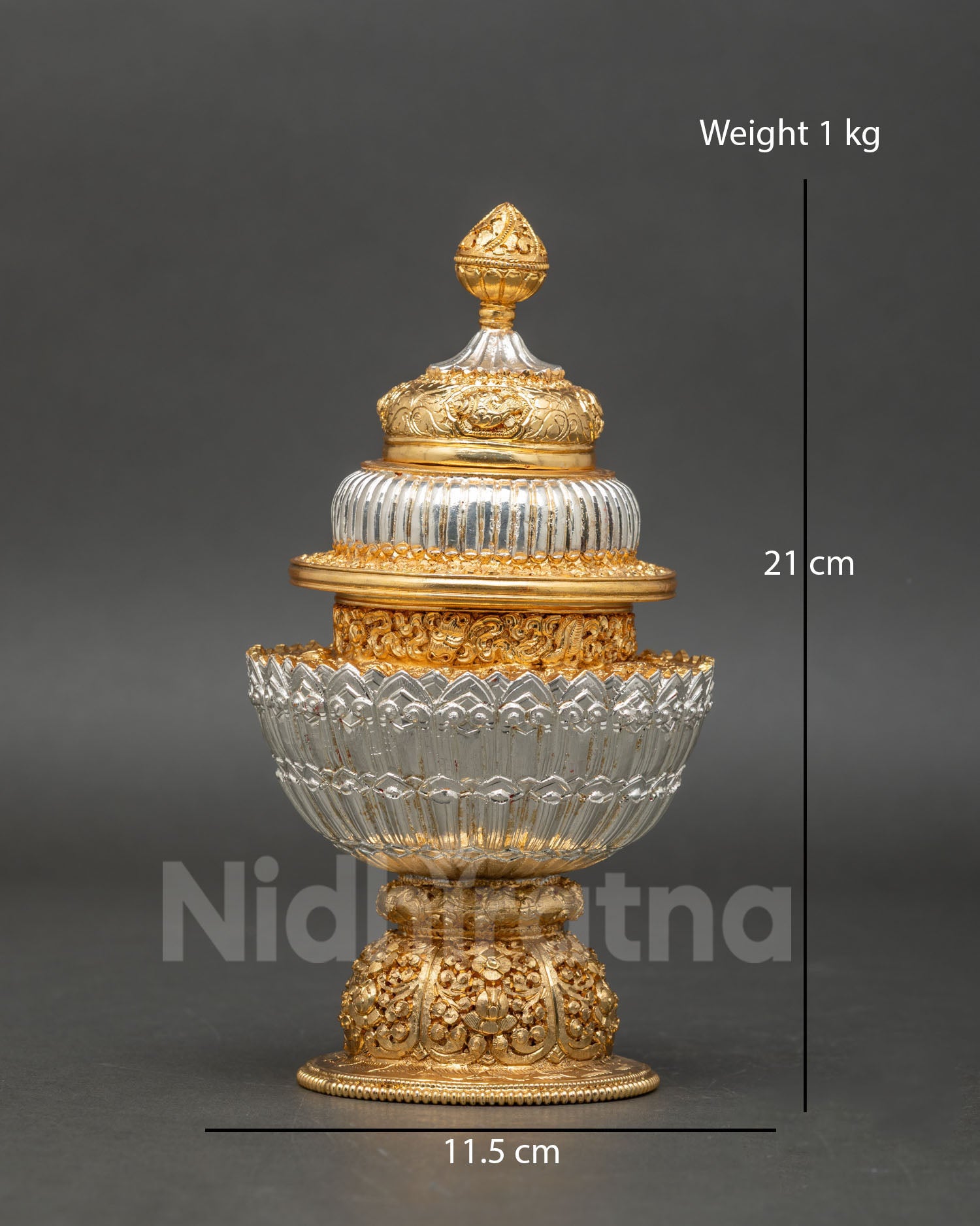 front view neshi rice pot copper ritual vessel gold silver plated buddhist offering pot nepal floral design