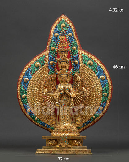 Front view of 1000 Arm Chenrezig Statue with 24K gold gilding